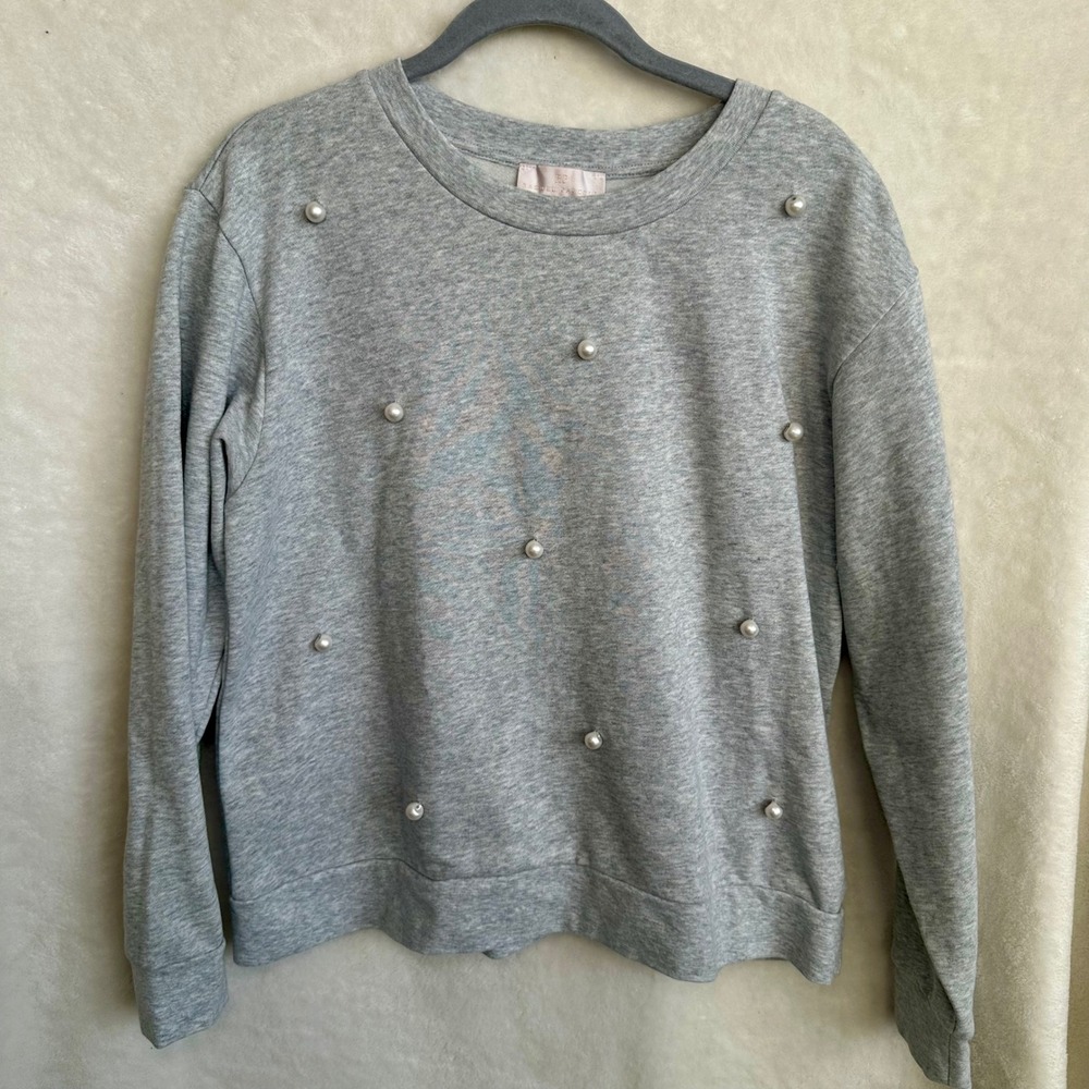 Rachel Parcell Gray‎ Heather Pearl Embellished Crewneck Sweatshirt Size Large